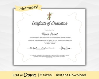 Editable Baby Dedication Certificate Template | Fully editable text and graphics | Watercolor Theme | A4 & US Letter | PDF Instant Download