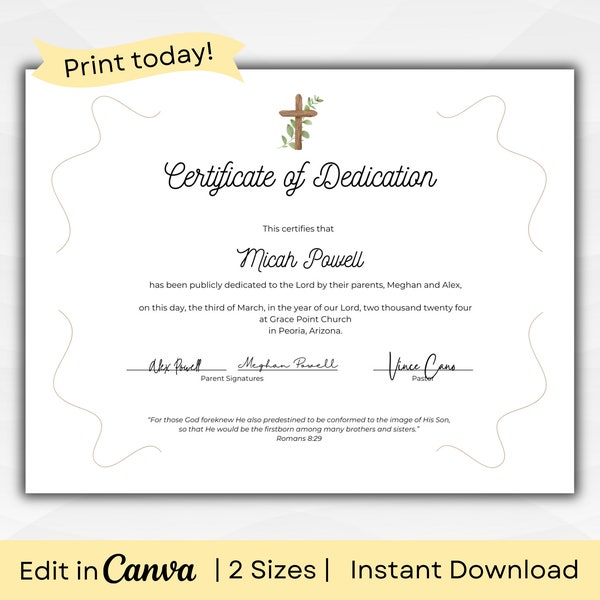 Editable Baby Dedication Certificate Template | Fully editable text and graphics | Watercolor Theme | A4 & US Letter | PDF Instant Download