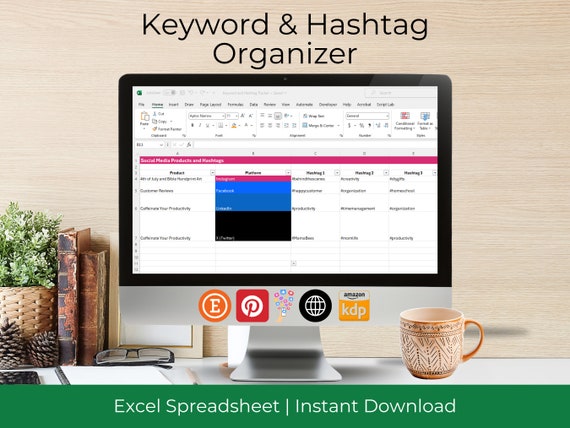 Keyword and Hashtag Organizer for Content Creators | Social Media Planner Template | Google SEO Tracker | Excel | Instant Download
