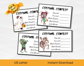 EDITABLE Halloween Ballot Template for Costume Contest with Retro Vintage Costume Designs | US Letter | PDF Instant Download