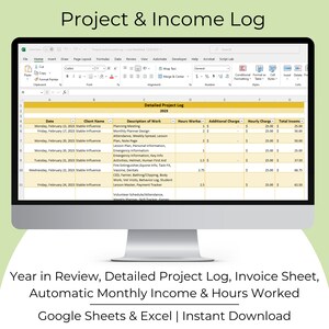 Pode incluir: Um ecrã de computador a mostrar uma folha de cálculo com o título "Project & Income Log". A folha de cálculo está organizada em colunas com cabeçalhos como "Data", "Nome do Cliente", "Descrição do Trabalho", "Horas Trabalhadas", "Custo Adicional", "Custo Horário" e "Rendimento Total". A folha de cálculo é um modelo para acompanhar os rendimentos e despesas de um negócio.