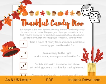 Thanksgiving Candy Dice Game for Kids and Families | Friendsgiving Pass the Gift or Prize | A4 & US Letter | Printable Instant Download