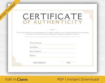 Certificate of Authenticity for Artwork Template | Editable Custom Template | A4, A5, US Letter & 5"x7" | Instant Download