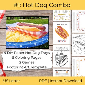 Hot Dog Bastel-Bundle für den Fourth of Jul zum Ausmalen, Hot Dog Tablett, Witze und Spiele | Vaterländischer Spaß für Kinder | PDF Sofortdownload