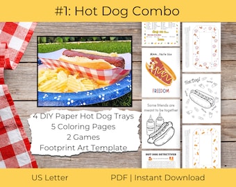 Paquete de manualidades de perritos calientes para el 4 de julio con colorear, bandeja de perritos calientes, chistes y juegos, Diversión patriótica para niños, Descarga instantánea en PDF