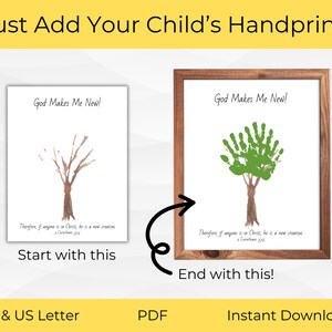 May include: Printable art featuring a bare tree with the text "God Makes Me New!" and a scripture quote. The second image shows the same tree with a green handprint added to the branches, illustrating how to use the printable.