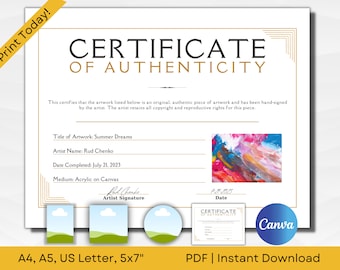 Certificate of Authenticity for Artwork Template | Editable Custom Template |  5 Styles | A4, A5, US Letter & 5"x7" | Instant Download