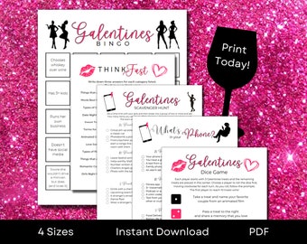 Printable Galentines Games Bundle | BINGO, Think Fast, Scavenger Hunt, Whats in Your Phone, Dice Game | A4, A5, US Letter & 5"x7"
