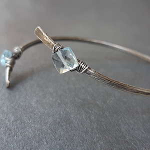 Hammered Silver Aquamarine Bangle, Wirewrapped cuff bangle, Oxidised sterling silver hammered bracelet, Aquamarine jewelry, March birthstone image 1