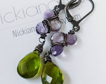 Quartz and Amethyst Gemstone Earrings, Dangle and drop, Green quartz, Gift for her, Oxidised silver earrings, Silver jewelry, Wirewrapped