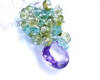 Sterling Silver Gemstone Cluster Necklace: Amethyst, Emerald & Peridot