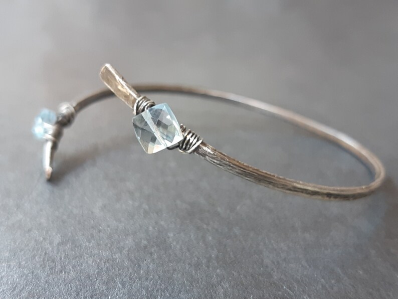 Hammered Silver Aquamarine Bangle, Wirewrapped cuff bangle, Oxidised sterling silver hammered bracelet, Aquamarine jewelry, March birthstone image 6