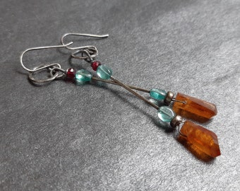 Raw Garnet Silver Earrings, Gemstone jewelry, Gemstone earrings, Oxidised silver earrings, Statement jewelry, Mixed gemstone, Apatite jewel