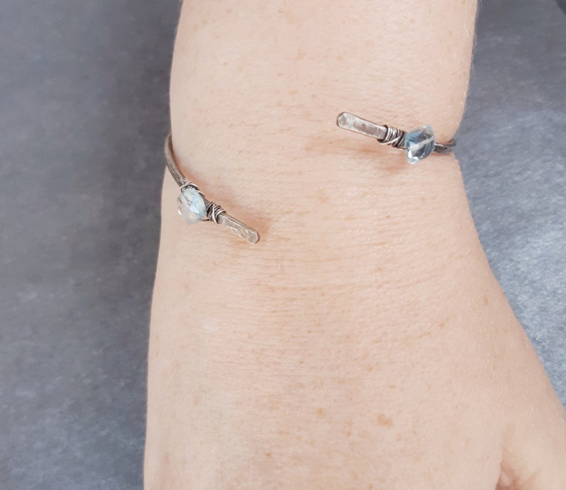 Hammered Silver Aquamarine Bangle, Wirewrapped cuff bangle, Oxidised sterling silver hammered bracelet, Aquamarine jewelry, March birthstone image 7