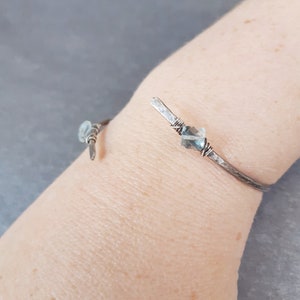 Hammered Silver Aquamarine Bangle, Wirewrapped cuff bangle, Oxidised sterling silver hammered bracelet, Aquamarine jewelry, March birthstone image 3