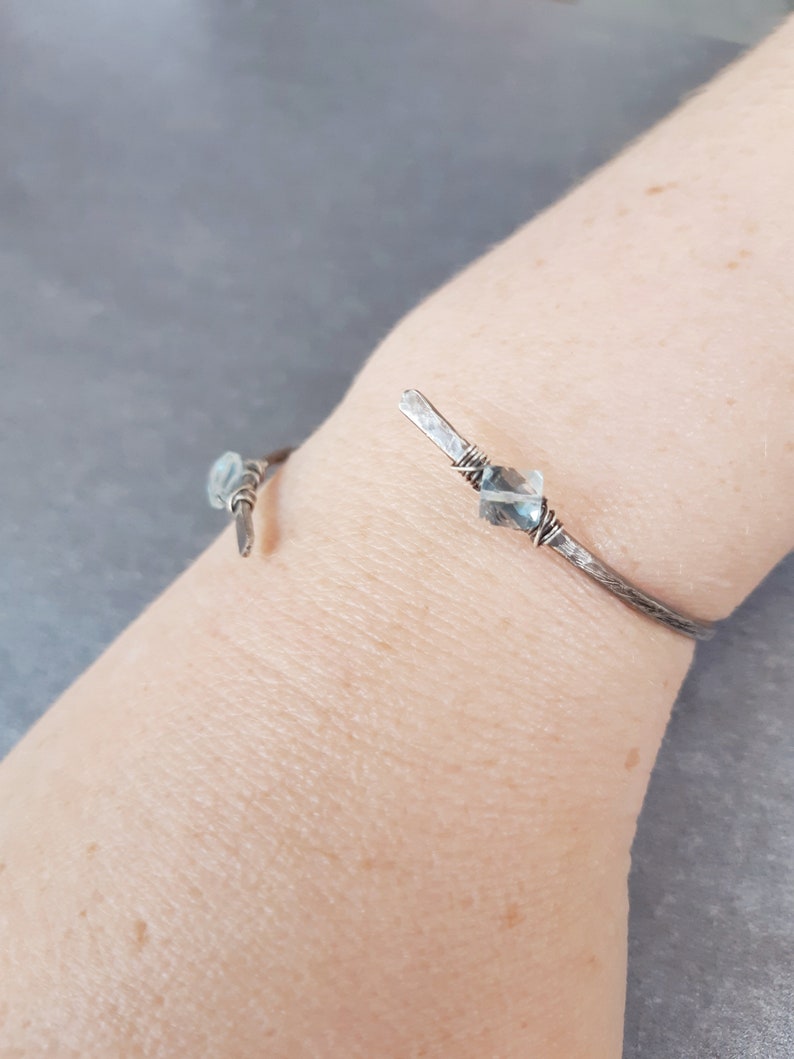 Hammered Silver Aquamarine Bangle, Wirewrapped cuff bangle, Oxidised sterling silver hammered bracelet, Aquamarine jewelry, March birthstone image 3