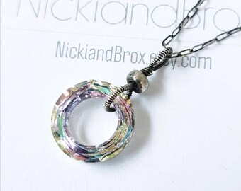 Wire Wrapped Sterling Silver Crystal Pendant Necklace - Vitrail Light Swarovski