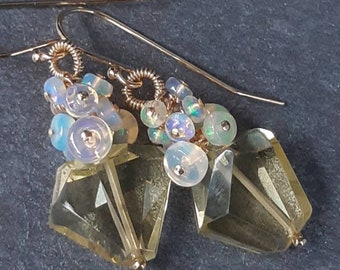 Lemon Quartz Ethiopian Opal Earrings, Dangle and drop earrings, Yellow crystal earrings, Opal cluster, Lemon quartz gold, Gemstone jewelry