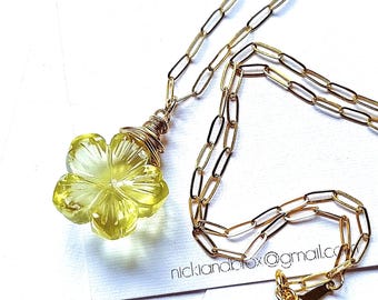 14k Gold Filled Lemon Quartz Necklace: Carved Floral Gemstone Pendant