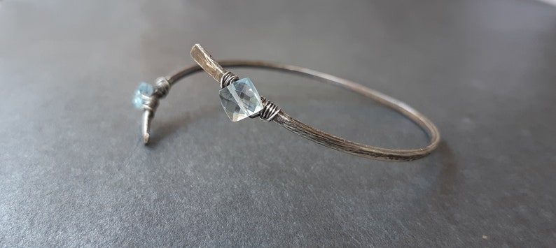 Hammered Silver Aquamarine Bangle, Wirewrapped cuff bangle, Oxidised sterling silver hammered bracelet, Aquamarine jewelry, March birthstone image 1