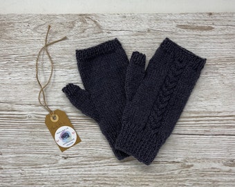 Men’s hand knitted 100% wool fingerless gloves, dark charcoal grey hand knit cable knit wool handwarmers