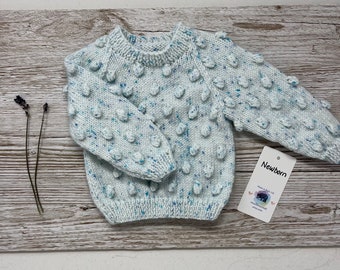 Hand knitted baby popcorn / bobble sweater, NEWBORN blue speckled gender neutral jumper