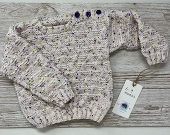 Hand knitted baby girl sweater, 6-9 months speckled button shoulder jumper