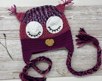 Hand crochet owl hat, kids age 3-5 pink & berry purple trapper hat