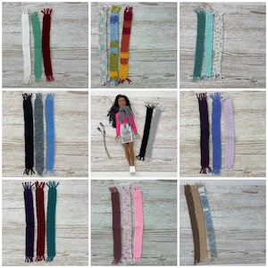 11” fashion doll hand knitted winter scarf trio, choice of colours