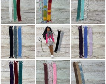 11” fashion doll hand knitted winter scarf trio, choice of colours
