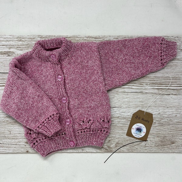 Hand knitted baby 3-6 months antique rose pink cotton mix vintage-style cardigan