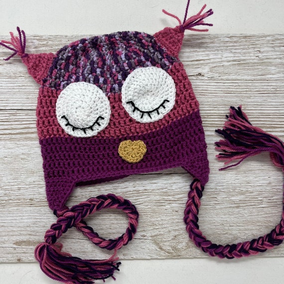 Hand Crochet Owl Hat, Kids Age 3-5 Magenta Pink & Purple Trapper