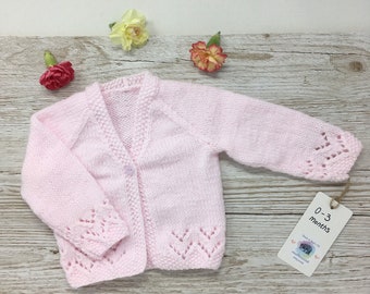 Hand knitted baby sweater cardigan, 0-3 months soft pink matinee jacket