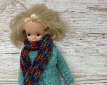 Hand knitted extra long multicoloured rainbow scarf for 11” poseable fashion dolls