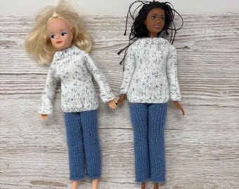 11” fashion doll hand knitted speckled sweater & straight leg jeans, to fit vintage or modern dolls *doll not included*