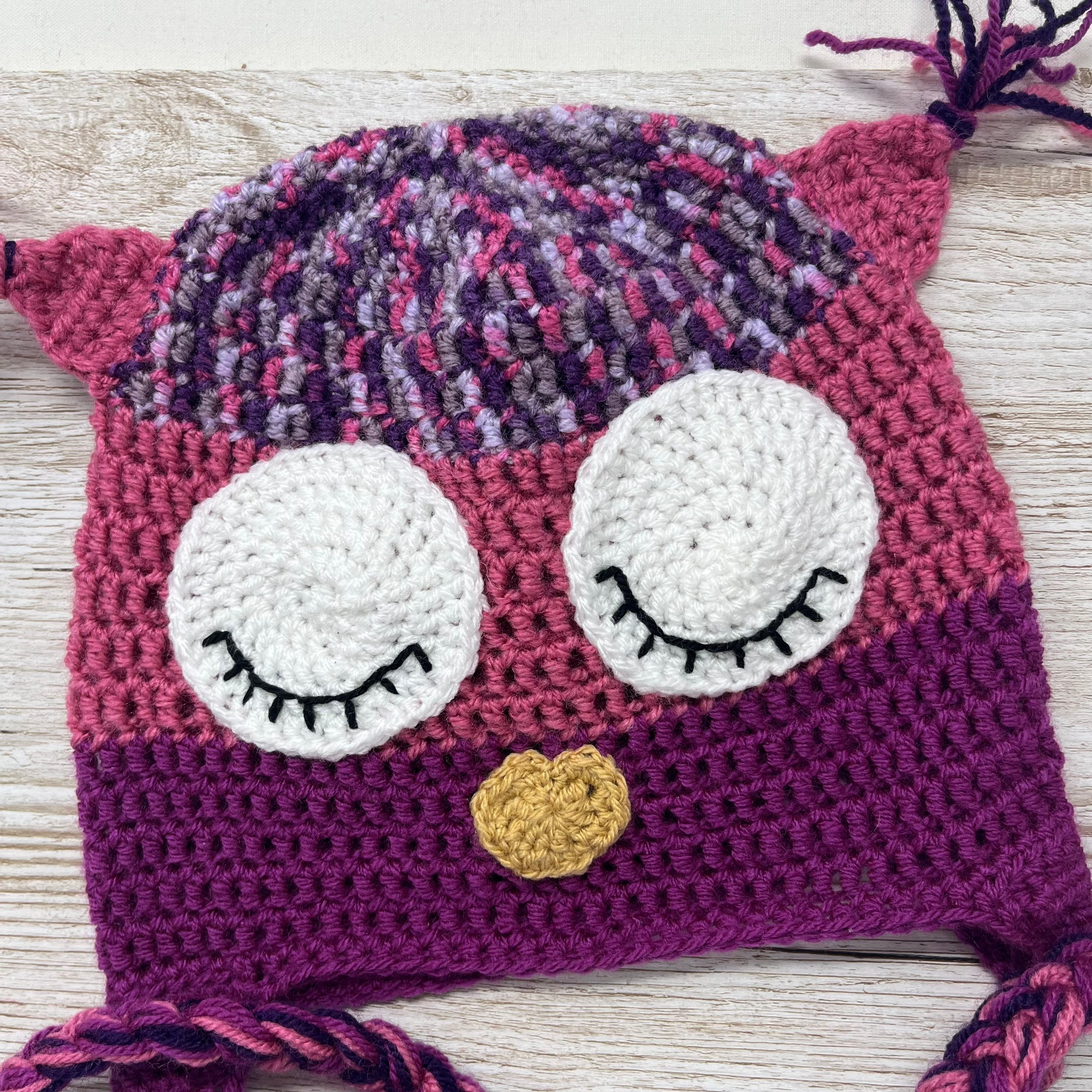 Hand Crochet Owl Hat, Kids Age 3-5 Magenta Pink & Purple Trapper