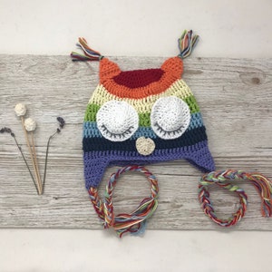 Hand Crochet Owl Hat, Kids Age 3-5 Magenta Pink & Purple Trapper