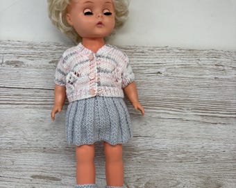 Hand knitted doll outfit, pink and grey speckled cardigan, skirt & boots set for 38-46cm /15-18” dolls *Doll not included*