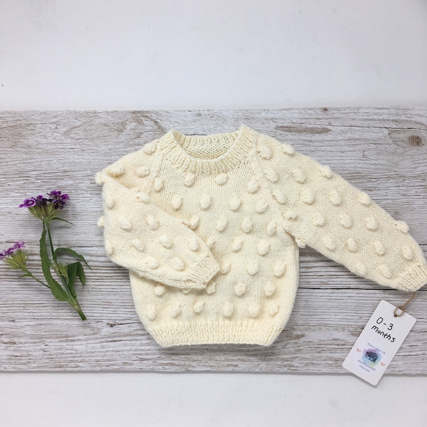Hand knitted baby popcorn sweater, 0-3 or 3-6 months cream girl or boy bobble  jumper