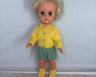 Hand knitted doll outfit, spring daffodil inspired cardigan, skirt & socks set for 31-36cm dolls *Doll not included*
