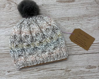 Gender neutral baby age 1-2 hand knitted chunky cable knit pompom hat with removable bobble