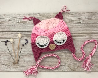 Hand crochet owl hat, kids age 7-10 pink ombré trapper hat