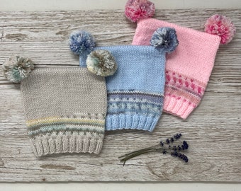 Hand knitted 0-6 months double pompom Fairisle baby beanie hats, assorted colours
