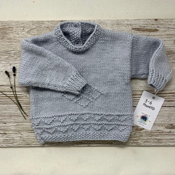 Hand knitted baby sweater, 3-6 months gender neutral dove grey jumper *Sale discontinued*