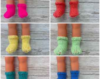Hand knitted dolls socks in assorted bright colours, choice of 2 sizes