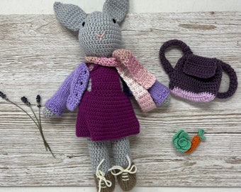 Hand crocheted bunny doll with removable clothes, backpack & accessories, 14” rabbit doll
