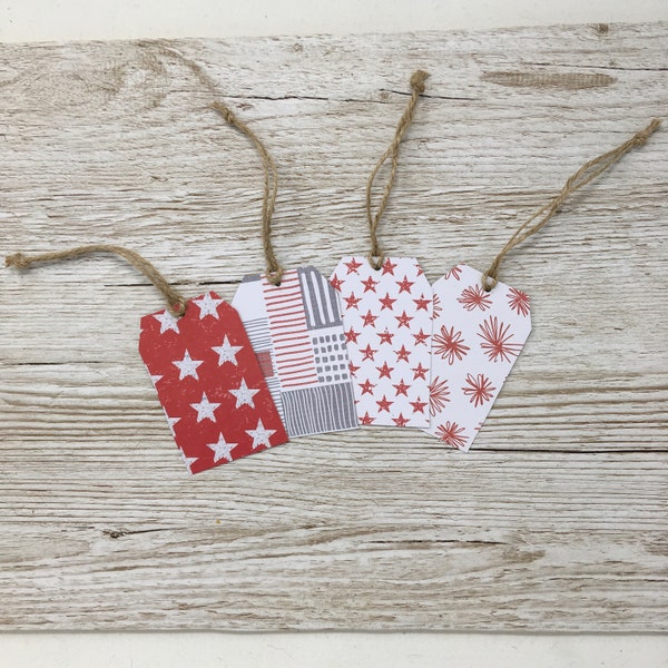 Handmade set of 16 stars & stripes Kraft gift tags and string, choice of shapes *sale discontinued*