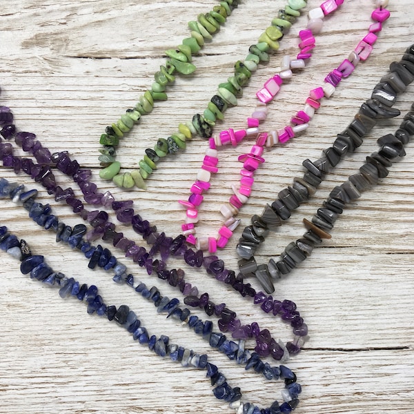 Gemstone chips, 15 or 11” tumbled polished bead strings, amethyst sodalite, Crystal jewellery making supplies