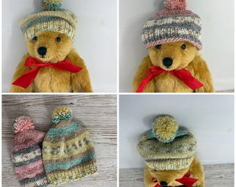 Hand knitted fairisle-style modern pompom hat to fit 38-46cm / 15-18”dolls or teddy bears
