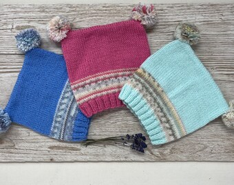 Hand knitted 6-9 months double pompom Fairisle baby beanie hats, assorted colours